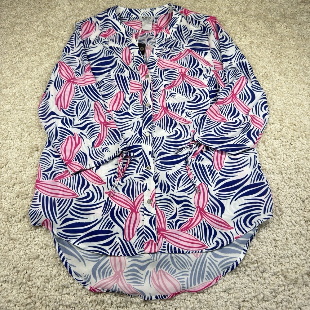 Monroe Main Women Top Women's Floral High Low 3/4 Sleeve Medium Beach New